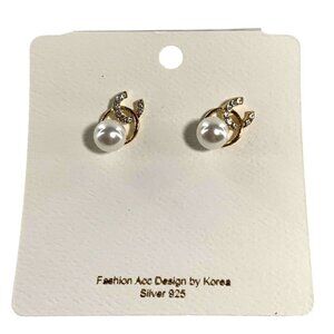 Gold & Silver 925 Pearl Stud Earrings With Rhinestone Accents